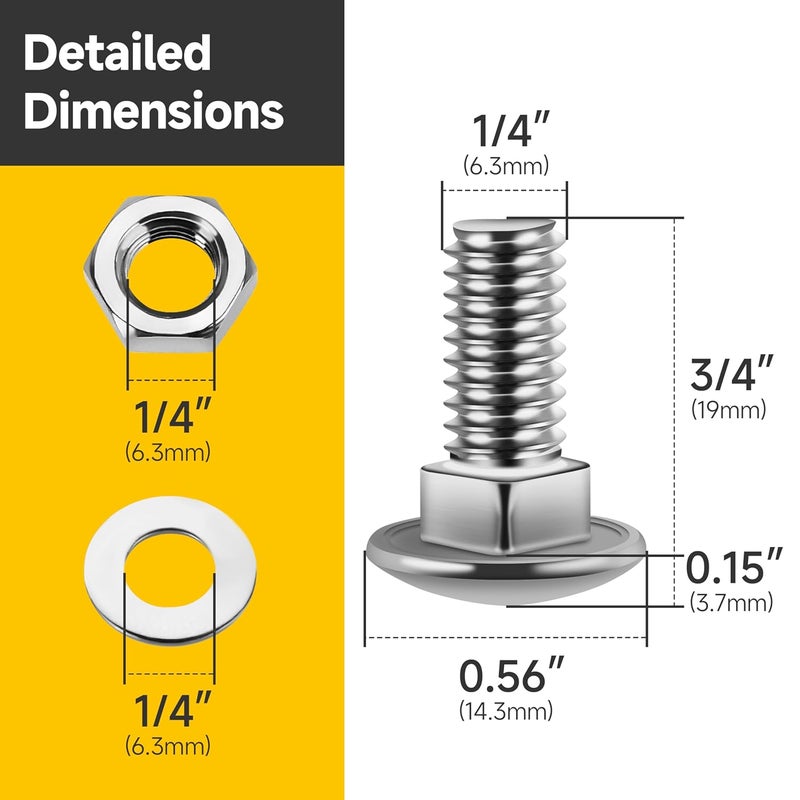 MYWISH (26 Sets) 1/4-20 x 3/4 Carriage Bolts Screws Round Head Square Neck and Hex Nuts & Flat Washers, Full Threaded 304 Stainless Steel Bright Finish 1/4 Bolts - Image 2